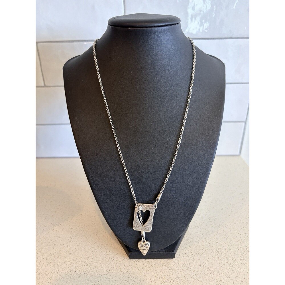 Brighton LOVE AMOUR Silvr Open Rectangle Pendnt Front Heart Toggle Necklace